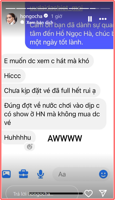 Hồ Ngọc Hà cảm động trước tin nhắn của hai khán giả Ảnh 1