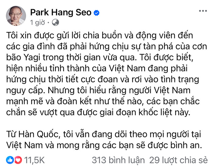Trưa ngày 10/9, HLV Park Hang Seo đã gửi lời chia buồn và động viên người dân Việt Nam do ảnh hưởng của cơn bão Yagi. Ảnh chụp màn hình