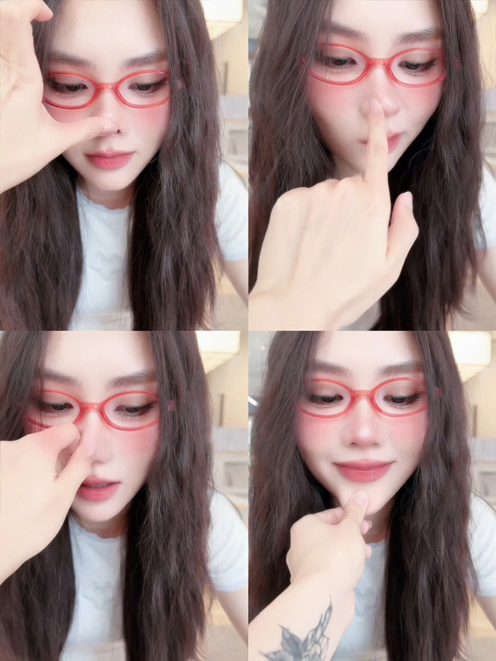 Chuyên viên trang điểm đã tuần tự thử nâng chóp mũi, ép, kéo cánh mũi sang trái và phải của Hoa hậu Mai Phương.