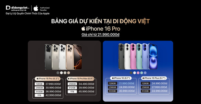 Bảng giá tham khảo từ Di Động Việt.
