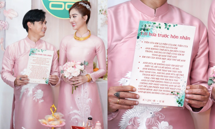 Trong lễ ăn hỏi, Hồ Quang Hiếu đã đọc 6 lời hứa trước hôn nhân cho vợ kém 17 tuổi.