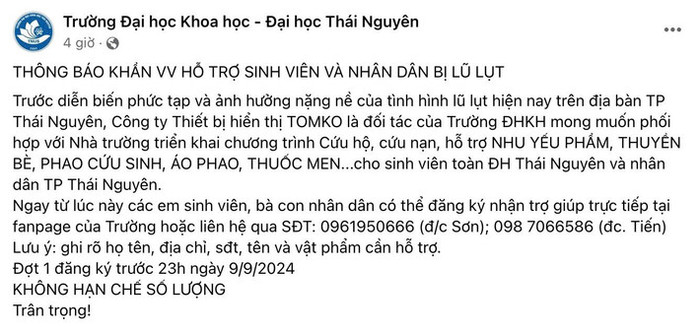 Thông báo về việc hỗ trợ sinh viên và nhân dân bị lũ lụt của trường ĐH Khoa học - Đại học Thái Nguyên