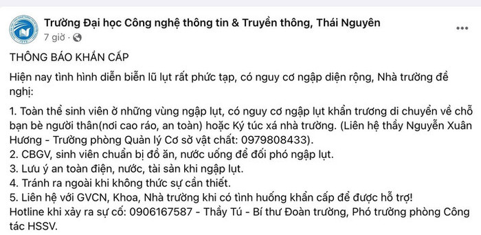 Thông báo khẩn cấp của trường ĐH Công nghệ thông tin & Truyền thông Thái Nguyên