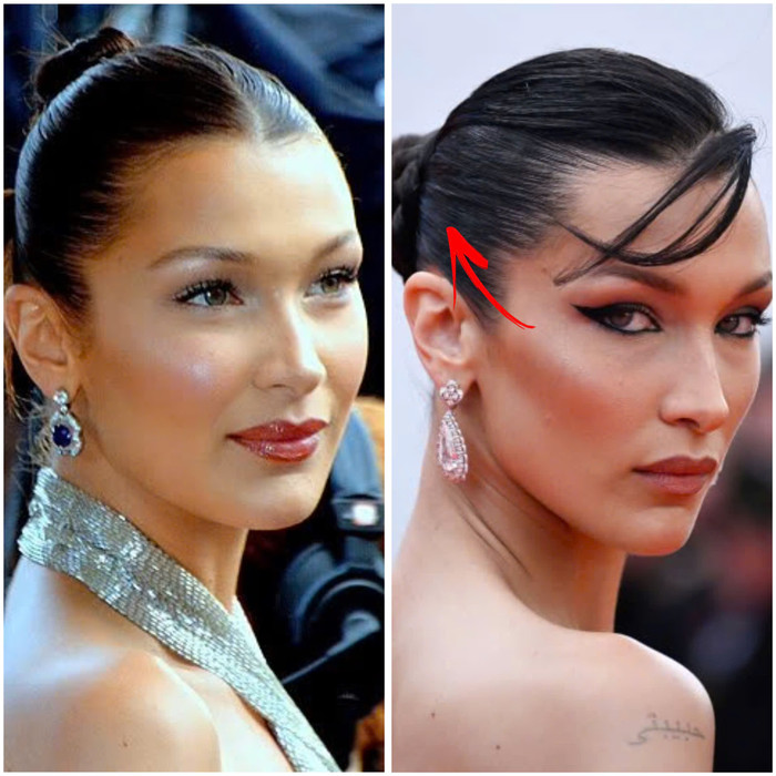 So với quá khứ (trái), gương mặt hiện tại của Bella Hadid trở nên góc cạnh, đôi mắt trở nên sắc bén hơn hẳn nhờ áp dụng phương pháp Face Tape.