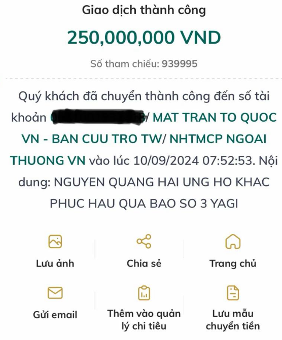Quang Hải đã gửi số tiền 250 triệu để hỗ trợ bà con vùng lũ.