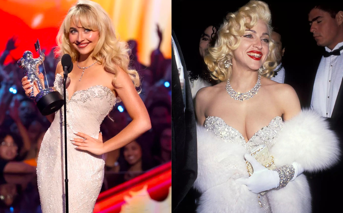 Sabrina Caprenter (trái) và Madonna (phải) khiến truyền thông bùng nổ khi tái hiệnt lại khoảnh khắc kinh điển của Marilyn Monroe.