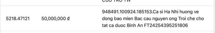 Hà Nhi đã chuyển 50.000.000 đồng