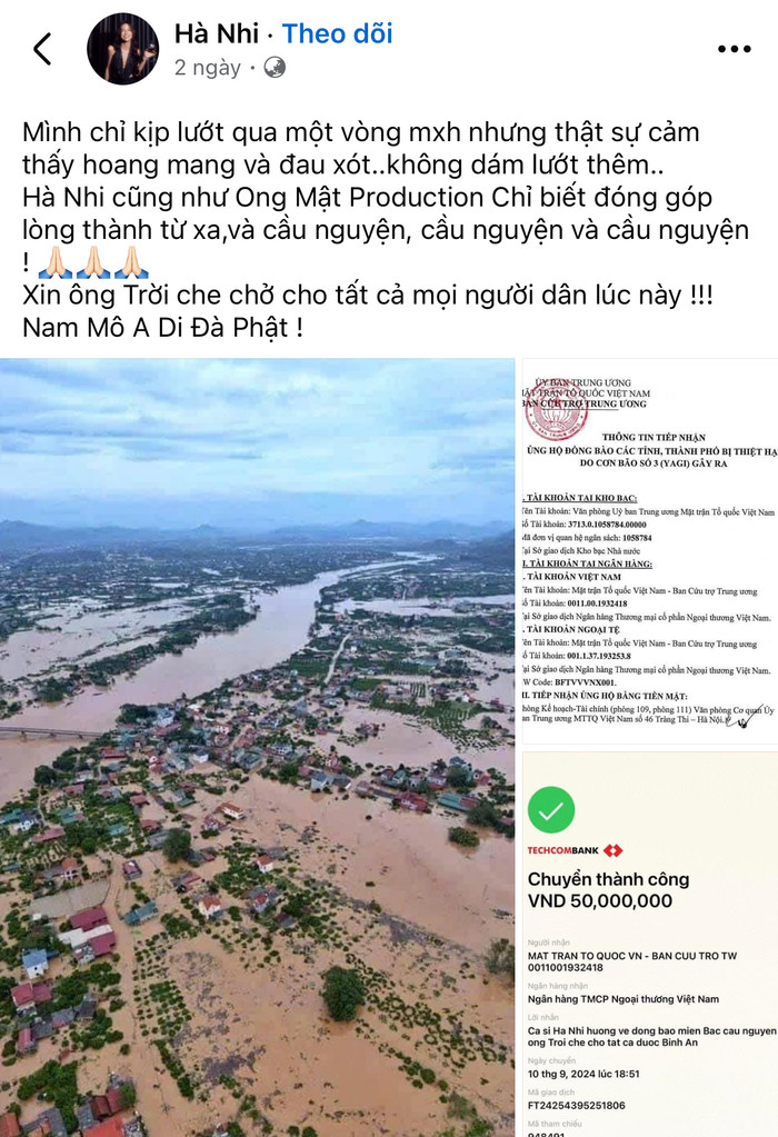 Hà Nhi đăng thông báo chuyển khoản ủng hộ 50.000.000 đồng