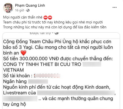 Quang Linh Vlogs lên tiếng về việc có kẻ lừa đảo tên tuổi của anh để trục lợi cứu trợ bão lũ.