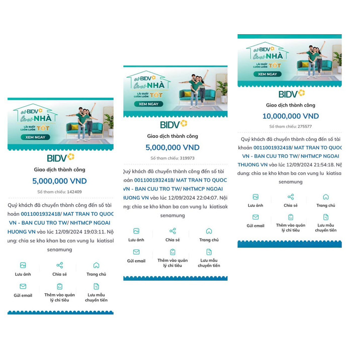 HLV Kiatisuk chuyển khoản 3 lần, tổng cộng 20 triệu với nội dung: 'Chia sẻ khó khăn bà con vùng lũ - Kiatisuk Senamuang.