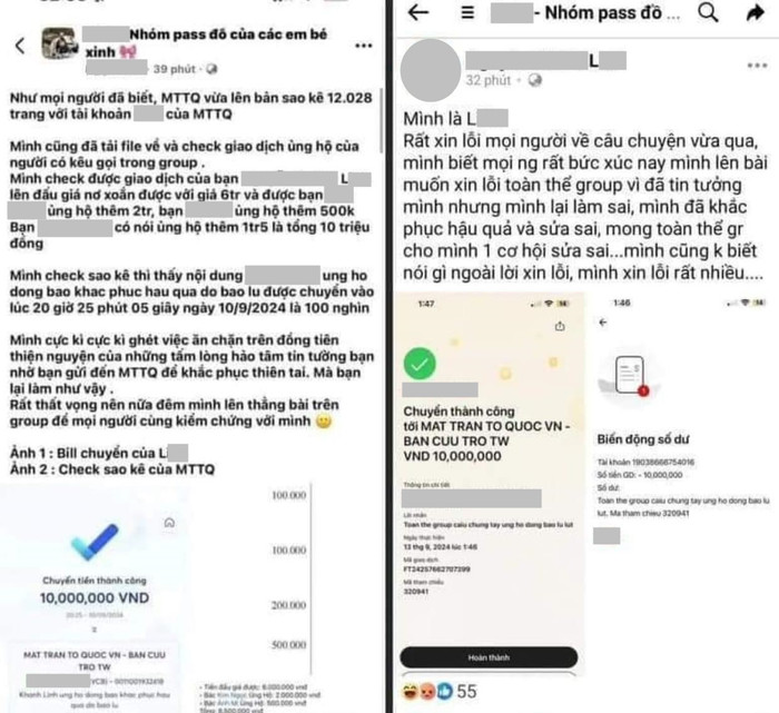 Người dùng L. xin lỗi vì hứa quyên góp 10 triệu nhưng chỉ chuyển 100 nghìn đồng.