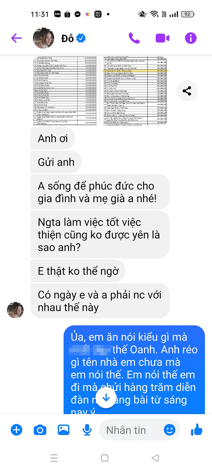 Tin nhắn Phương Oanh chất vấn một người quen đang được chia sẻ trên mạng xã hội.
