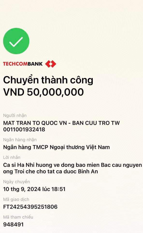 Hà Nhi chuyển khoản ủng hộ đồng bào miền Bắc 50 triệu đồng