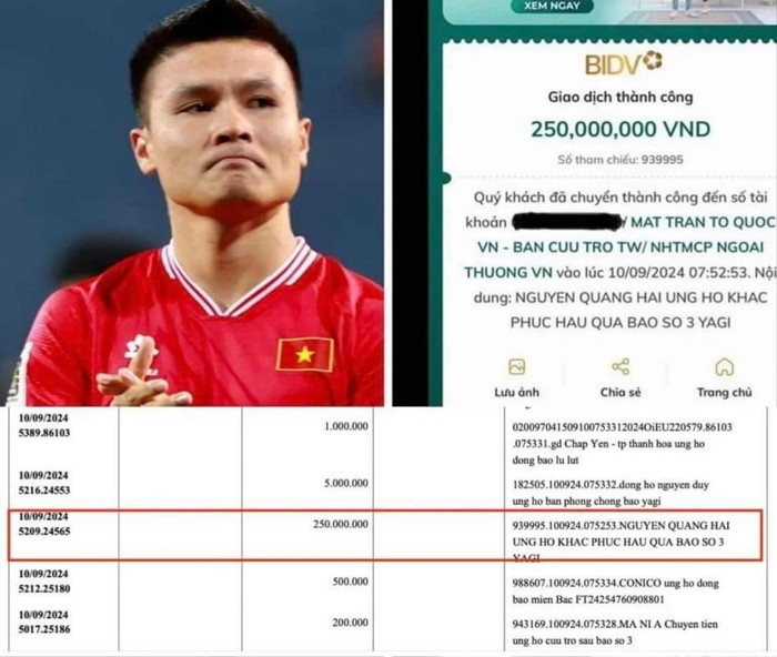 Quang Hải chuyển đúng số tiền 250 triệu đồng như đã chia sẻ.