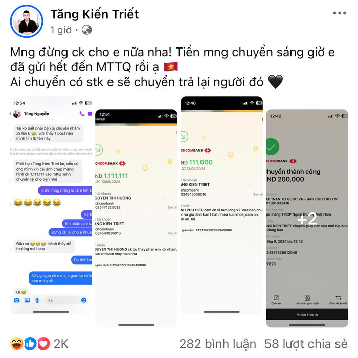 Nhiều người chuyển tiền lại cho anh chàng và được anh chuyển hết cho MTTQ Việt Nam