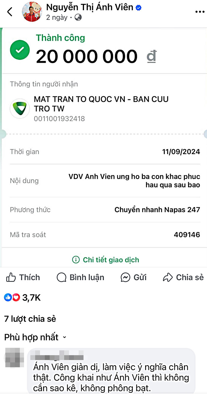 Ánh Viên được ngợi khen làm việc ý nghĩa, công khai chân thật mà không cần kết quả sao kê. Ảnh chụp màn hình