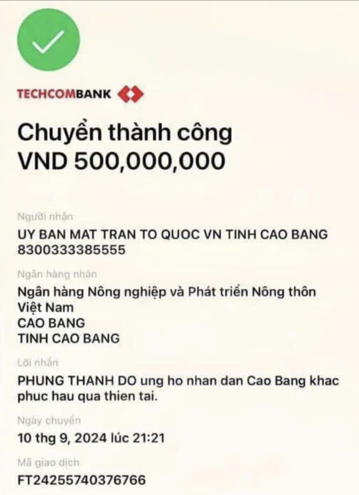 Với số tiền 500 triệu đồng chuyển cho MTTQ tỉnh Cao Bằng trước đó, tính đến nay, Độ Mixi đã ủng hộ tổng 1 tỷ đồng