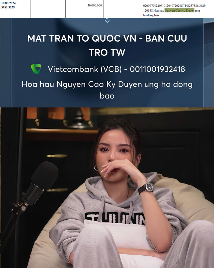 Hoa hậu Kỳ Duyên ủng hộ 50 triệu đồng vào tài khoản của Ủy ban Trung ương Mặt trận Tổ quốc Việt Nam. 