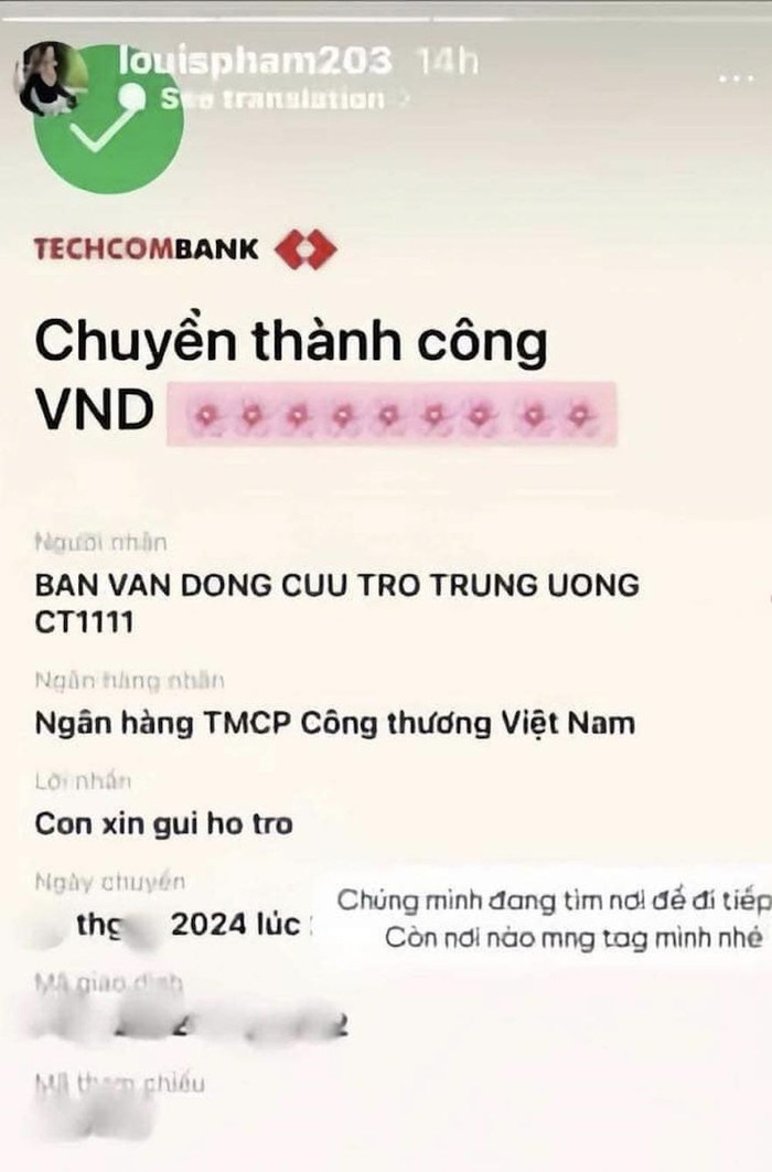 Trên trang cá nhân, Louis Phạm khoa bill hỗ trợ 9 con số khiến nhiều người lầm tưởng cô ủng hộ hàng trăm triệu đồng