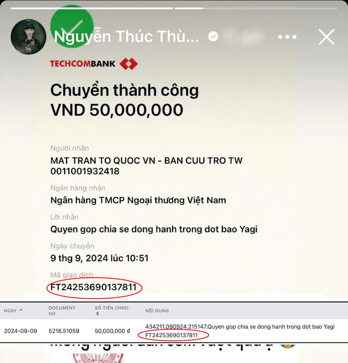 Giao dịch chính chủ của Thùy Tiên trên danh sách quyên góp của Ủy ban Trung ương Mặt trận Tổ quốc Việt Nam hoàn toàn có hiển thị. 