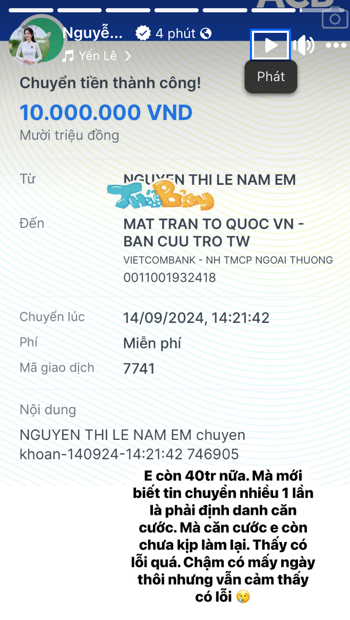 Nam Em cảm thấy có lỗi khi vẫn muốn gửi thêm 40 triệu nhưng vì căn cước chưa làm lại nên không thể tiếp tục chuyển tiền đến quỹ Mặt trận Tổ quốc. Ảnh: FBNV