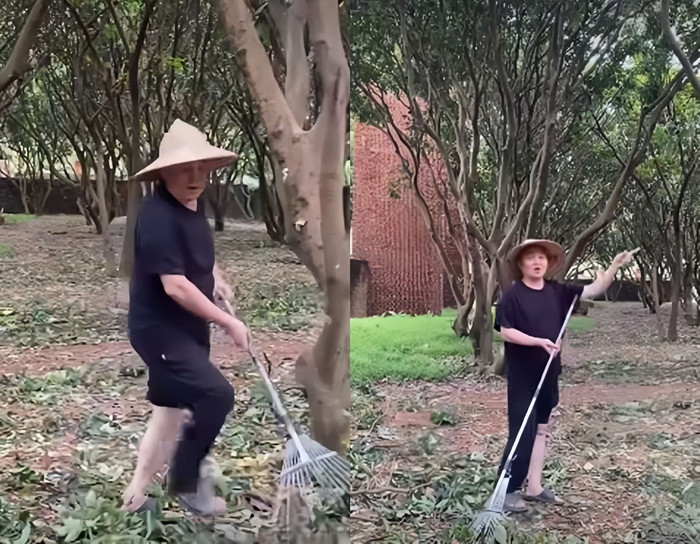 Nghệ sĩ Xuân Hinh mất vài ngày để dọn dẹp lá cây, cành khô rụng trong vườn sau bão.