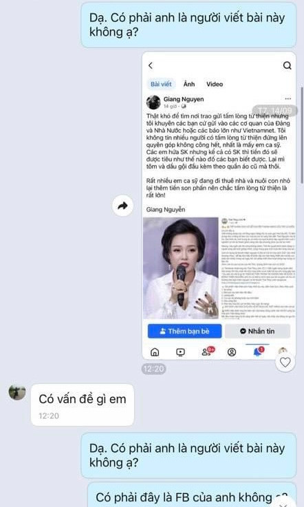 Cô cũng không ngại show bằng chứng việc mình liên hệ với tài khoản 'Giang Nguyen' để xác minh sự thật.