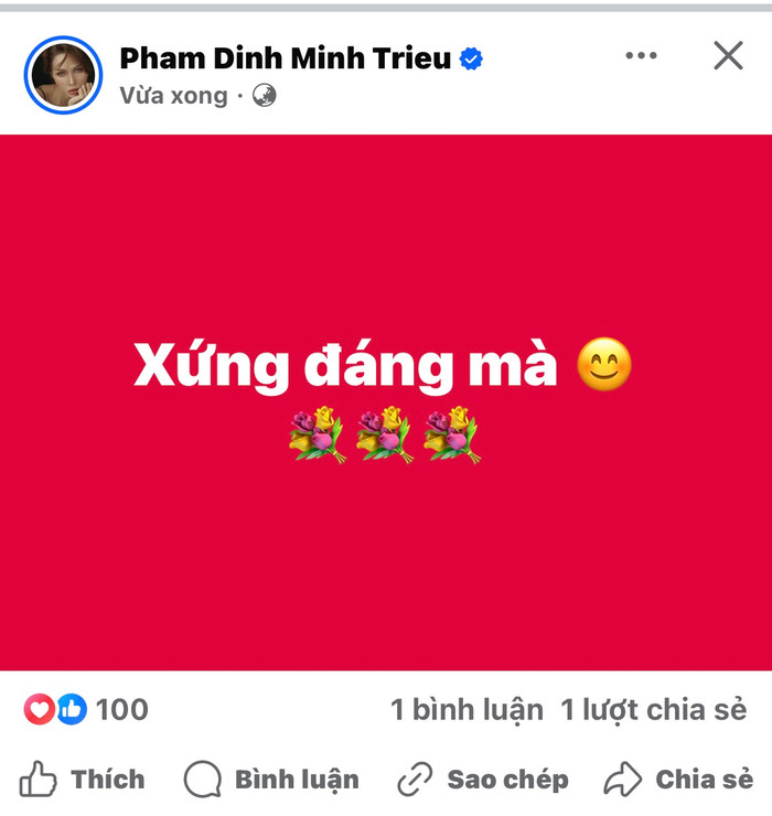 Minh Triệu chia sẻ trên trang cá nhân ngay khi Kỳ Duyên đăng quang.