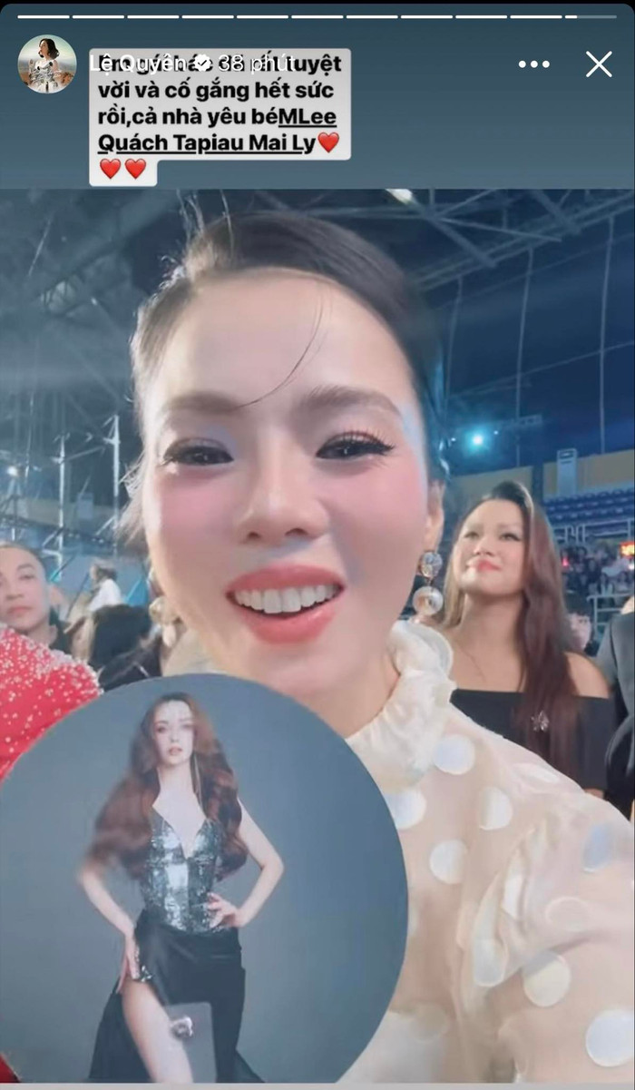 Ca sĩ Lệ Quyên dành lời động viên đến Mlee sau khi cô out top 3 Miss Universe Vietnam 2024. 