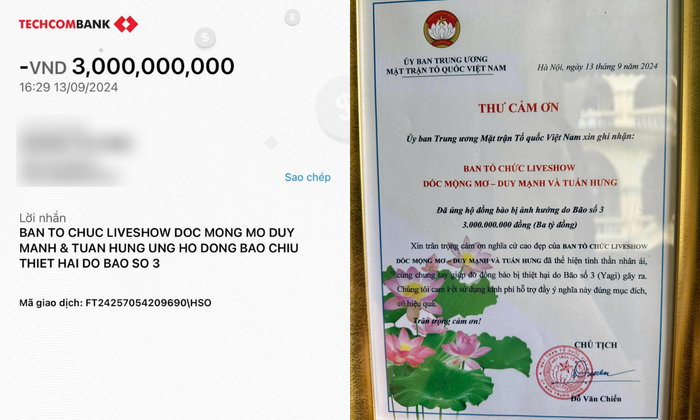 '3 tỷ đồng' chính là số tiền mà Duy Mạnh và Tuấn Hưng gửi đến nguồn quỹ của MTTQVN nhằm giúp đỡ đồng bào đang bị thiệt hại do bão số 3 (Yagi). 