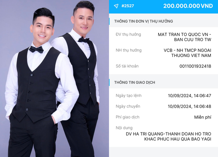 Số tiền được MTTQVN sao kê hoàn toàn trùng khớp với hoá đơn chuyển khoản được Hà Trí Quang và Thanh Đoàn đăng tải vào 10/9 trên trang cá nhân. 