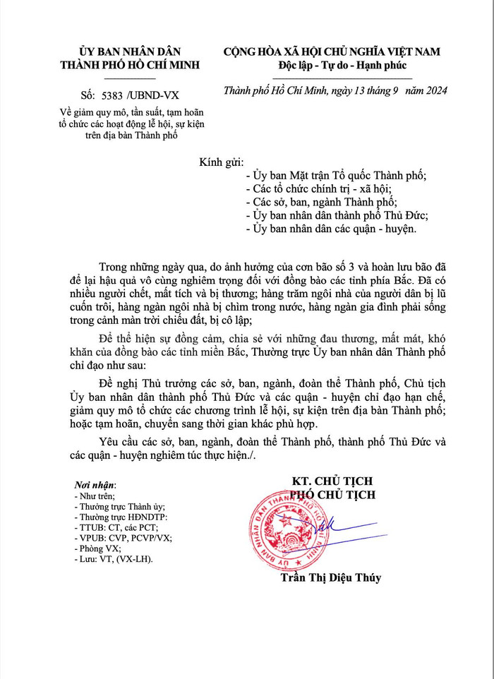 Ủy ban nhân dân thành phố Hồ Chí Minh đưa ra văn bản đề nghị Thủ trưởng các sở, ban, ngành, đoàn thể chỉ đạo hạn chế, giảm quy mô tổ chức hoặc tạm hoãn sự kiện, lễ hội trên địa bàn khu vực. Và chung kết Miss Universe Vietnam 2024 được tổ chức đúng hẹn tại nhà thi đấu Phú Thọ (quận 11).