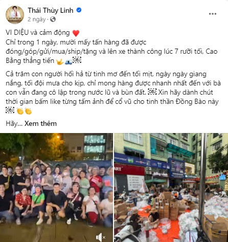 Nữ ca sĩ thường xuyên cập nhật quá trình cứu trợ bão lũ lên trang cá nhân và công khai thu chi. 