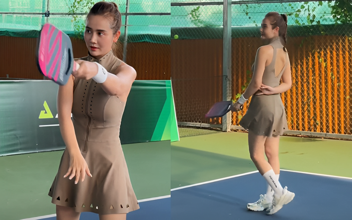 Huyền Lizzie diện đồ cắt xẻ, ngắn cũn cỡn trên sân tập.