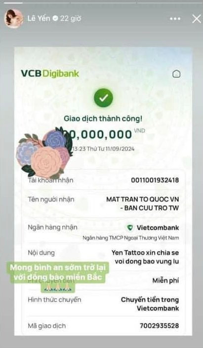 Nhưng Yến Tatoo được cho là đã sửa số tiền cao hơn tới hàng trăm triệu đồng. Nữ ca sĩ còn để lại nội dung chuyển khoản và mong muốn bình an sớm trở lại với bà con vùng lũ: 'Mong bình an sớm trở lại với đồng bào miền Bắc'. Ảnh: FBNV