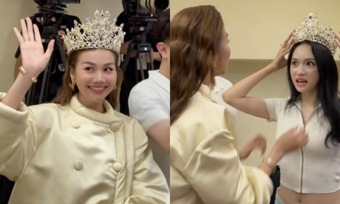 Siêu mẫu Thanh Hằng và Hoa hậu Hương Giang 'đội thử' vương miện Miss Universe Vietnam 2024.