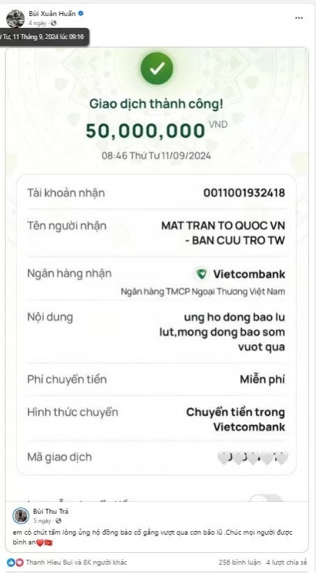 Bùi Thu Trà chuyển khoản 10 triệu đồng đến Mặt trận Tổ quốc Việt Nam nhưng lại photoshop thành 50 triệu đồng