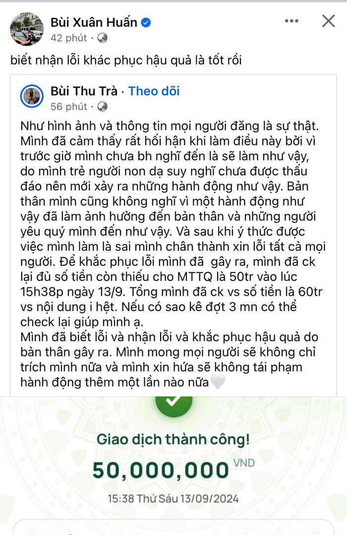 Sau khi bị phản ứng, Bùi Thu Trà đã lên bài thừa nhận và xin lỗi