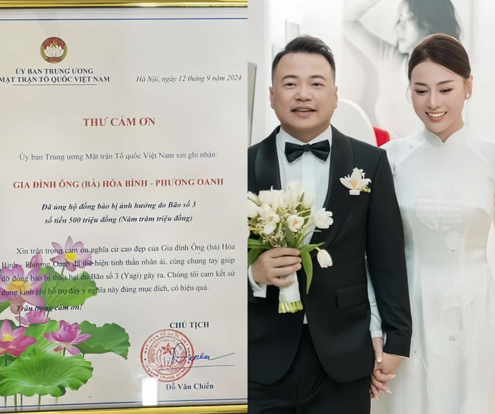 Vợ chồng Phương Oanh - Shark Bình nhận thư cảm ơn sau khi góp 500 triệu cứu trợ bão lũ. 