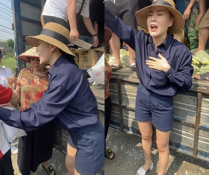 Phương Oanh mặc giản dị, về quê nhà ở Hà Nam trao nhu yếu phẩm cho người dân chịu ảnh hưởng vì bão số 3. 