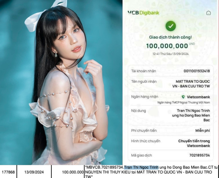 Ngọc Trinh được xác nhận là chuyển đúng 100 triệu vào tài khoản MTTQ VN.