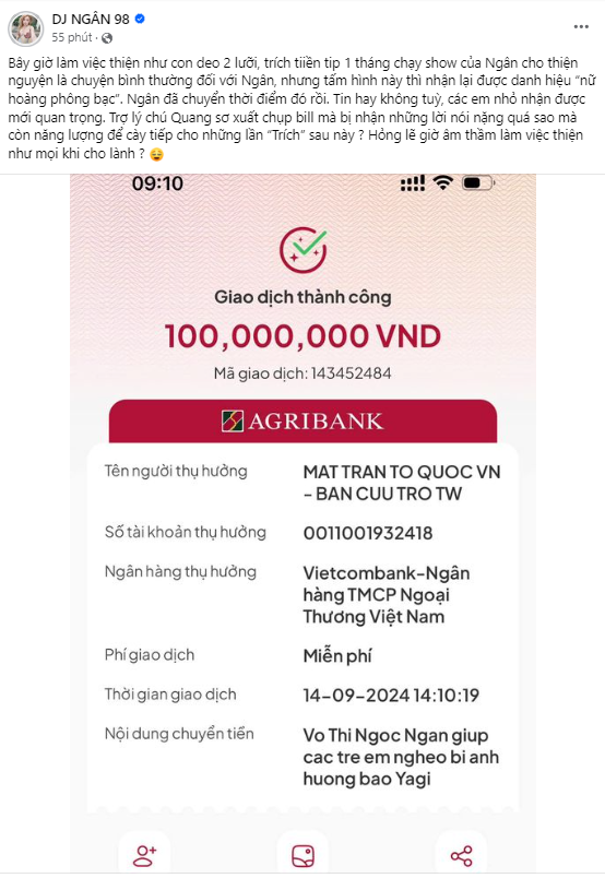 Ngân 98 đáp trả khi bị nghi ngờ 'phông bạc'. Ảnh chụp màn hình