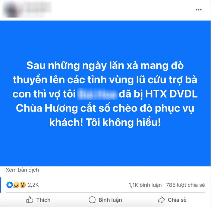Bài đăng trên mạng xã hội làm dấy lên vụ việc chủ đò chùa Hương bị cắt khách sau khi dùng thuyền cứu trợ đồng bào chịu ảnh hưởng bão lũ.