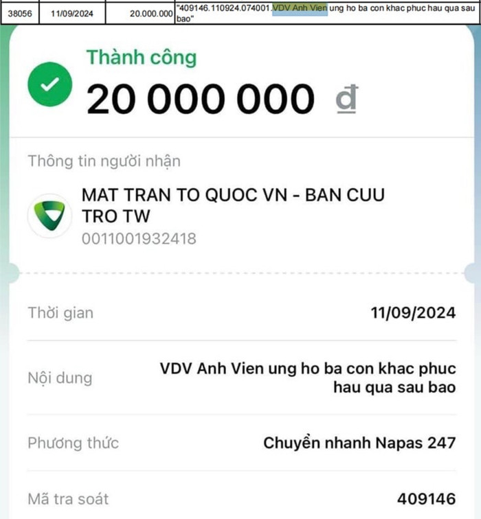 Ánh Viên ủng hộ 20 triệu đồng, trùng khớp với con số trong danh sách sao kê sau khi 'check var'.