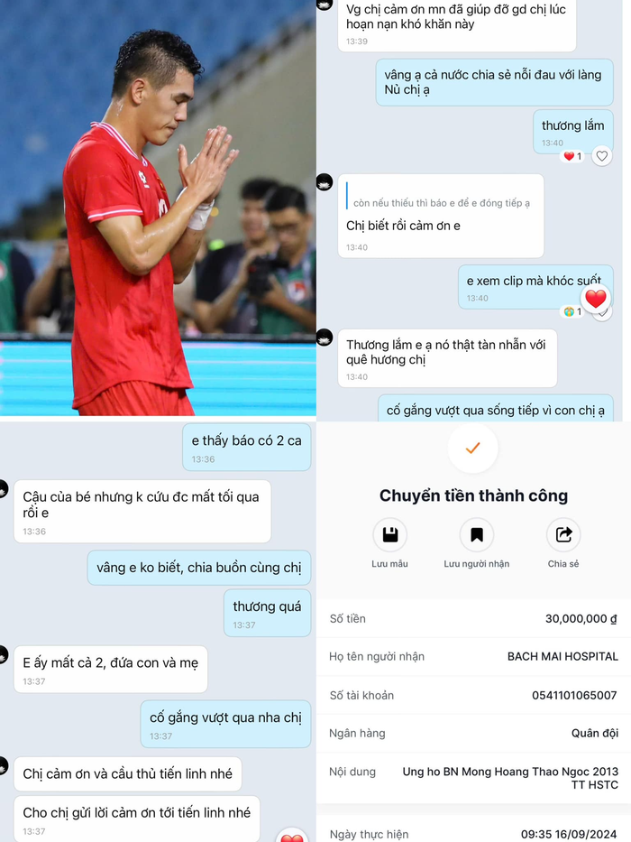 Tiến Linh liên lạc và quyên góp 30 triệu cho gia đình của bé Thảo Ngọc - nạn nhân trong vụ bão quét ở làng Nủ.