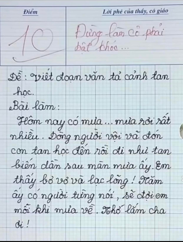Bài văn tả cảnh tan trường của em học sinh nhận điểm 10 và khiến cô giáo phải bật khóc