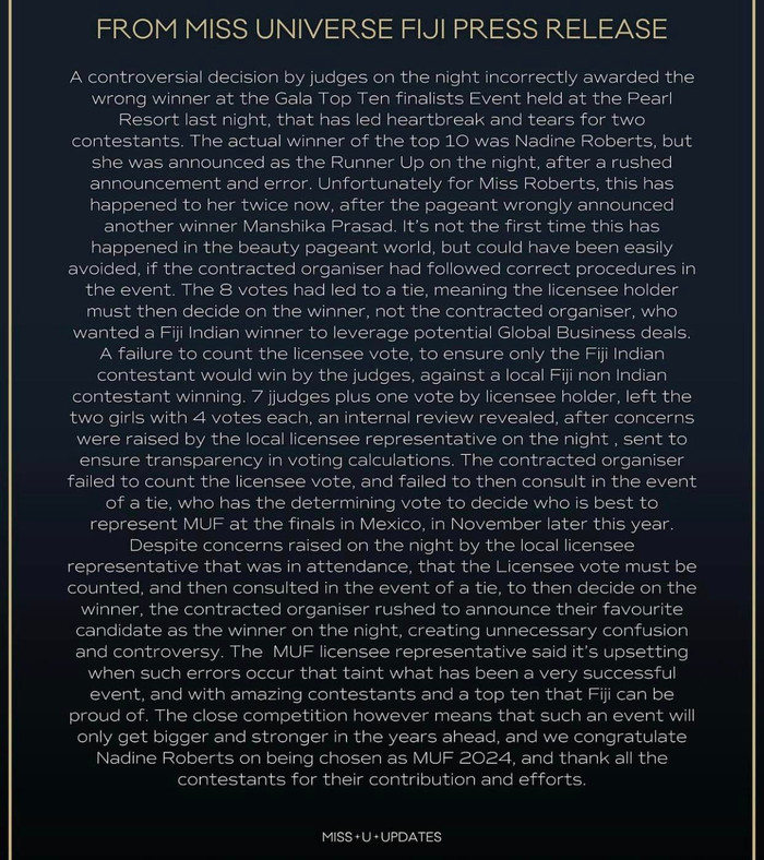 Ban tổ chức Miss Universe Fiji phát thông cáo báo chí về việc công bố nhầm hoa hậu.&nbsp;