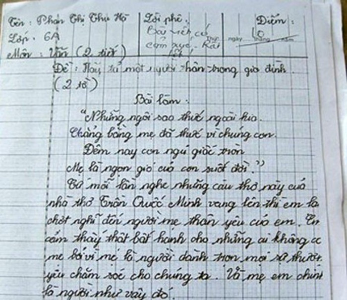 Hình ảnh bài văn tả mẹ của em học trò lớp 6 nhận 10 điểm từ giáo viên