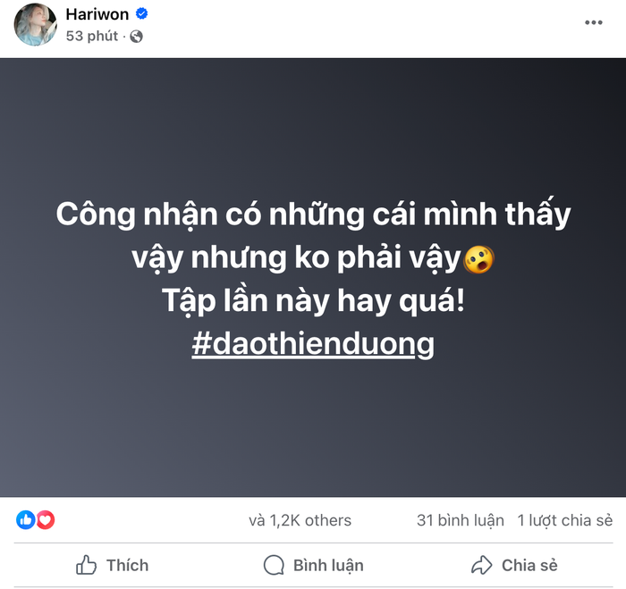 Bài viết mới nhất của Hari Won khi nhận xét về tập 10 Đảo Thiên Đường đã nhận về lượt tương tác nồng nhiệt từ cư dân mạng. Ảnh: Chụp màn hình