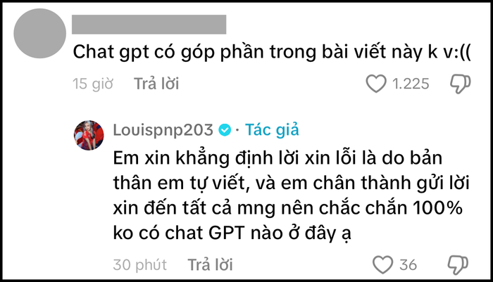 Louis Phạm trả lời một bình luận ngẫu nhiên cho rằng mình sử dụng Chat GPT để viết bài xin lỗi.